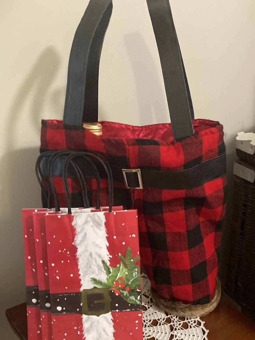 Buffalo Plaid Red and Black Holiday Tote Bag with Black Handles